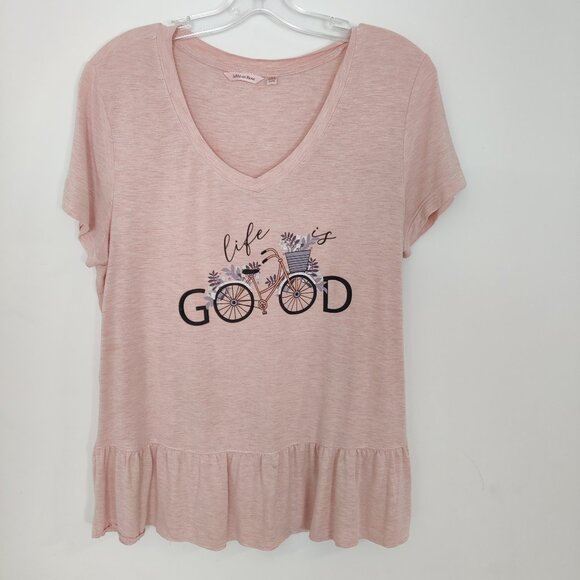 La Vie En Rose Women's Pajama Top Size M Pink Black Graphic Ruffled Hem Lounge - Picture 1 of 3